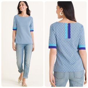 Chico’s‎ Geometric Colorblock-Trim Knit Top Beachside Blue Vanity Size 4/US XXL